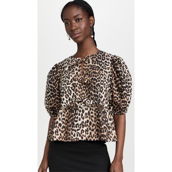 Kaktus Leopard Print Tie-Front Peplum Blouse Cotton Poplin Size Large NWT - Picture 12 of 13